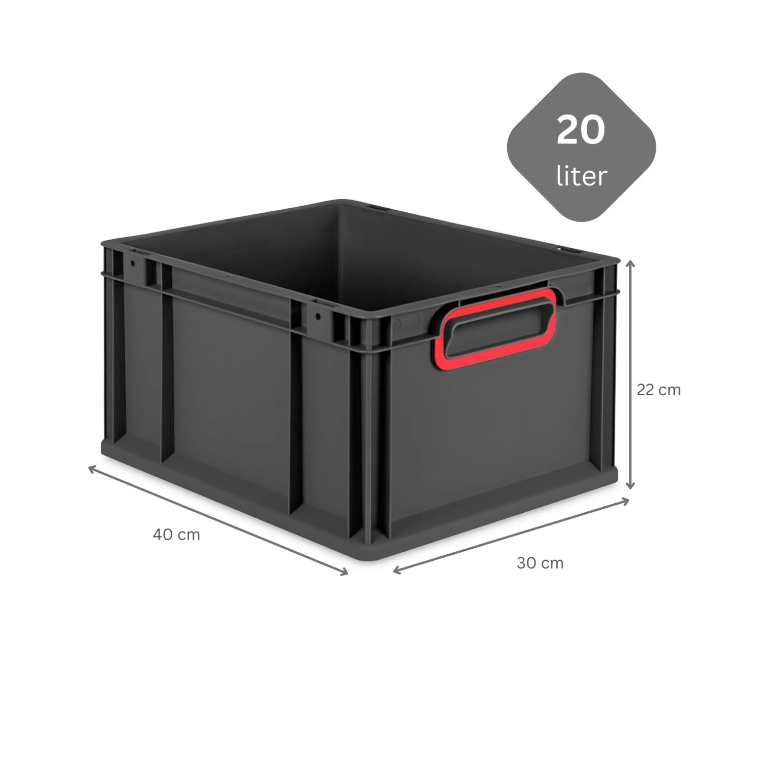 Schwarze PROREGAL Eurobox Nextgen Color (20L) mit roten Griffen und Auflagedeckel. Aufbewahrungsbox / Transportbox.