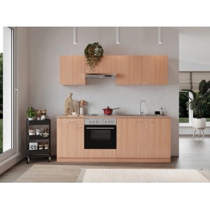 Respekta Küchenzeile KB210BBE in Buche Nachbildung, 210 cm breit, mit E-Geräten und Spüle.