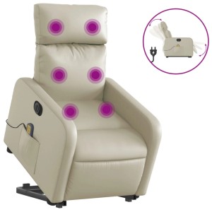 Elektrischer Massagesessel mit Aufstehhilfe, creme, Kunstleder. Relaxsessel mit Vibrationsmassage.