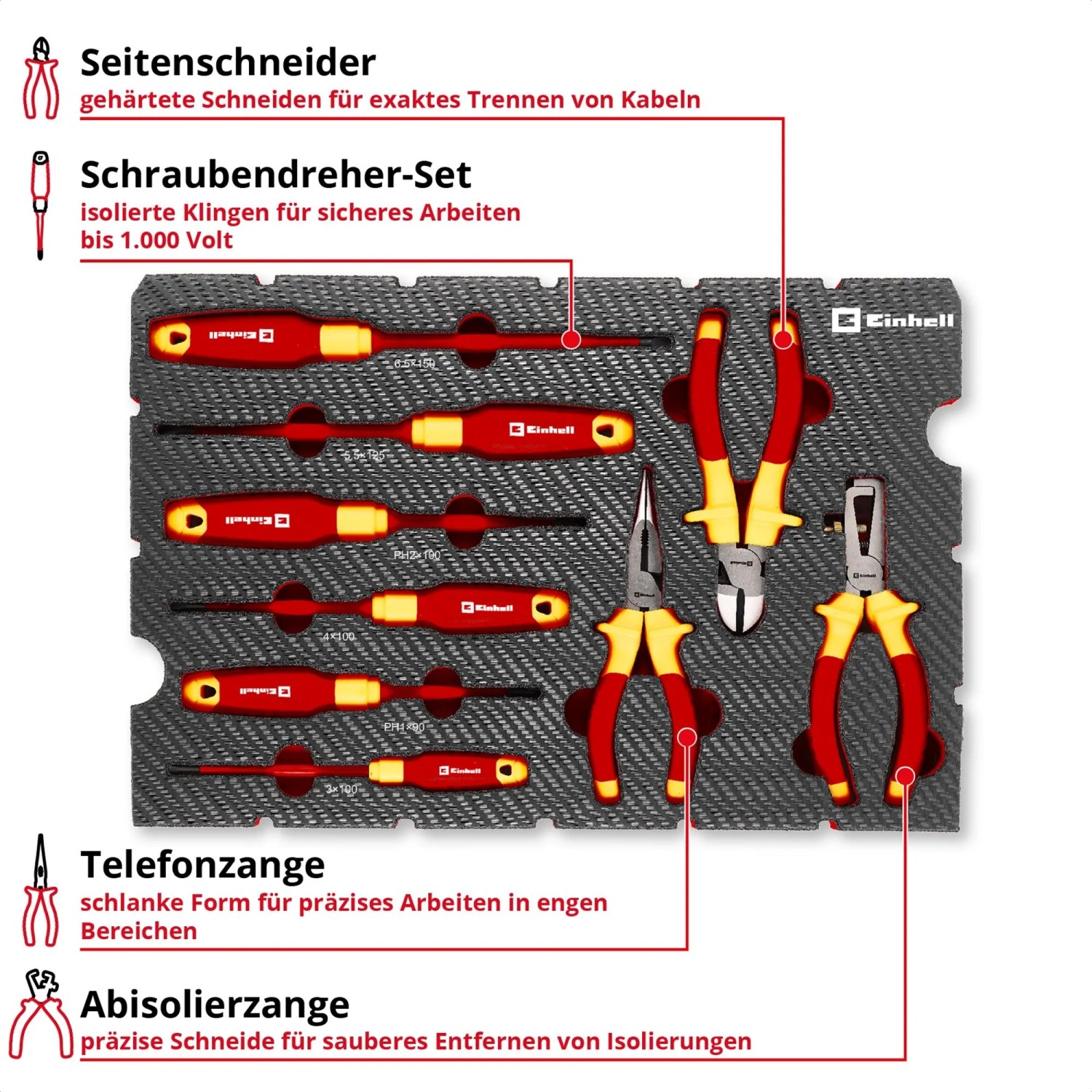 Einhell Werkzeug-Pad mit Elektriker-Werkzeug: Schraubendreher, Zangen, Seitenschneider im E-Case.