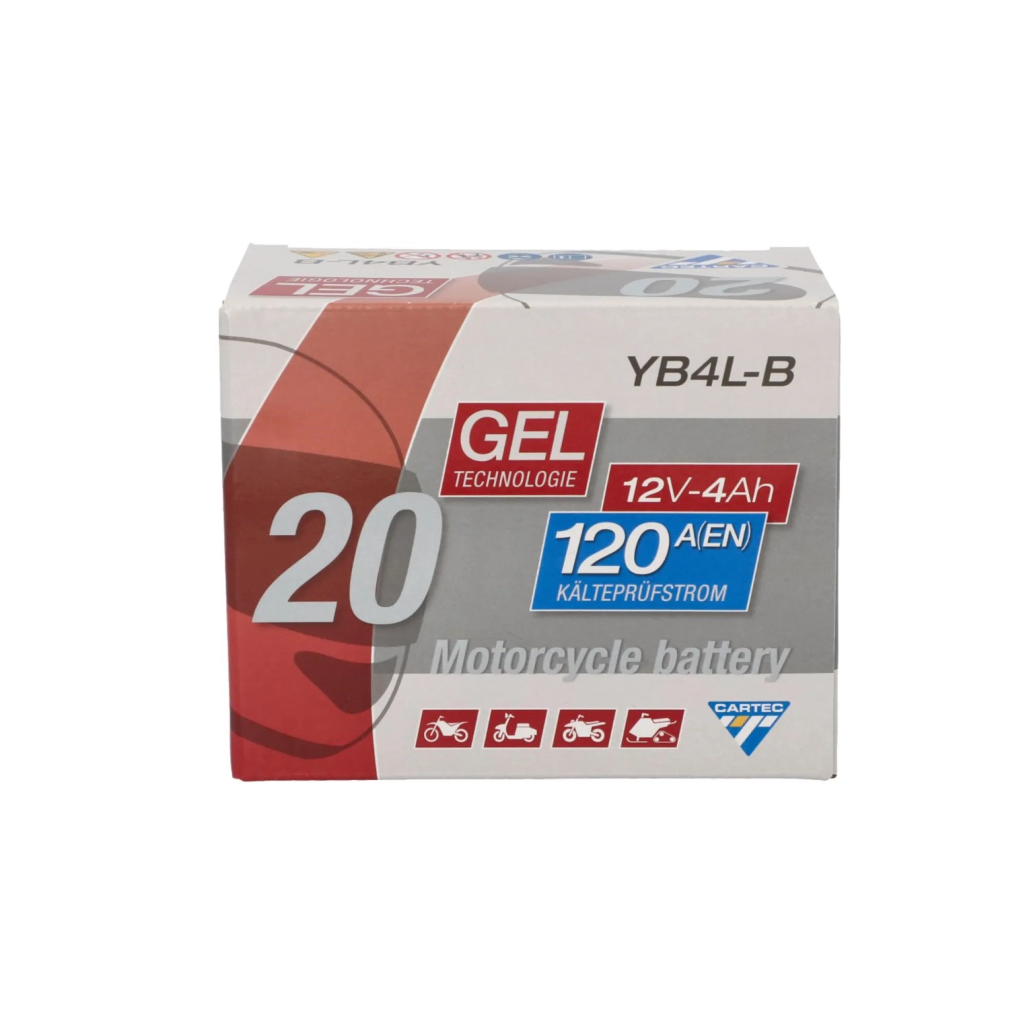 Cartec GEL Motorradbatterie YB4L-B 4Ah, 12V, 120A Kälteprüfstrom, im Karton.