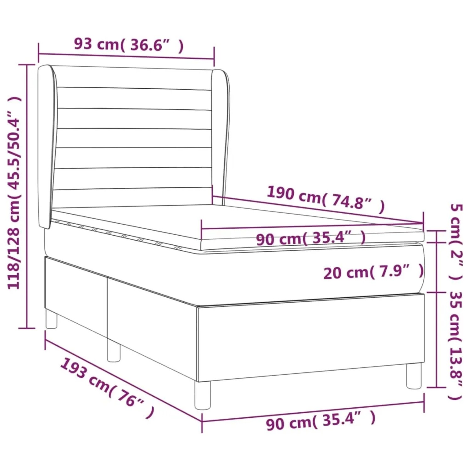 vidaXL Boxspringbett schwarz, 90x190 cm, mit Matratze und Kopfteil, Maßangaben.