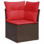Braunes Poly Rattan Garten Ecksofa mit roten Kissen, Teil der 10-tlg. vidaXL Sofagarnitur.