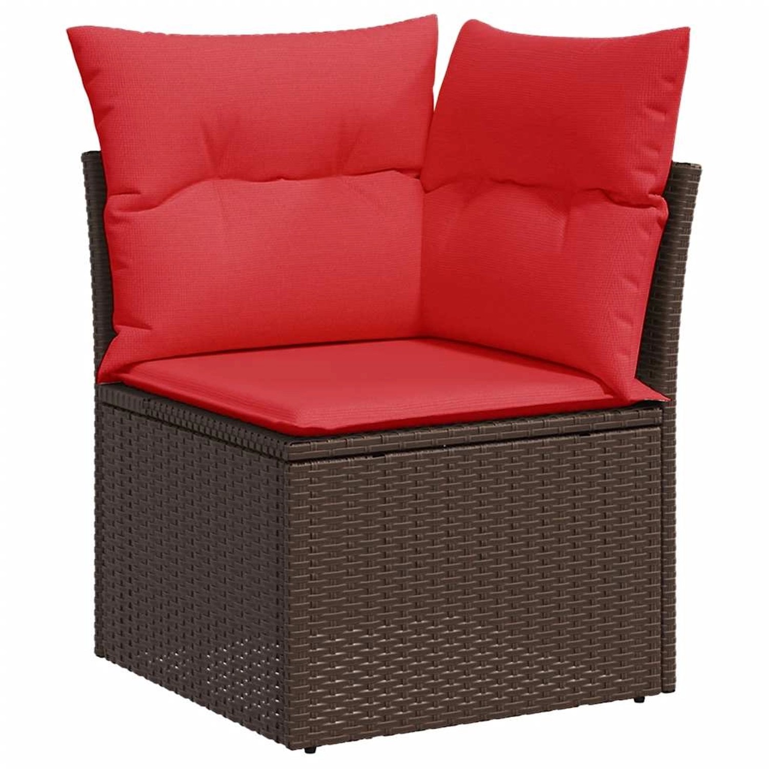 Braunes Poly Rattan Garten Ecksofa mit roten Kissen, Teil der 10-tlg. vidaXL Sofagarnitur.