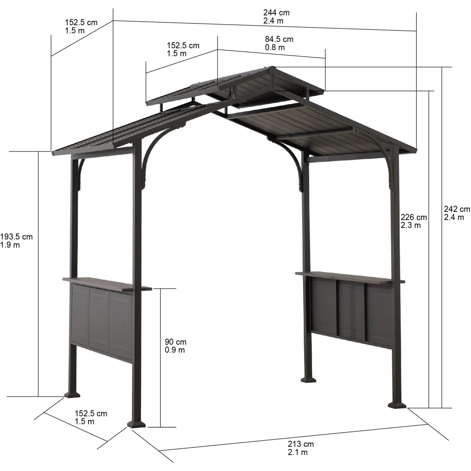 Abbildung des Sunjoy Grill-Pavillon Aspe aus Stahl, 244x152 cm, in Schwarz mit Maßangaben.