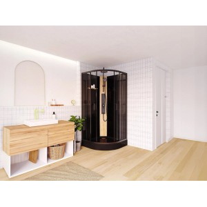 Moderne schwarze Viertelkreis-Duschkabine Tiloma 90 cm im Bad mit Bambus-Duschpaneel.