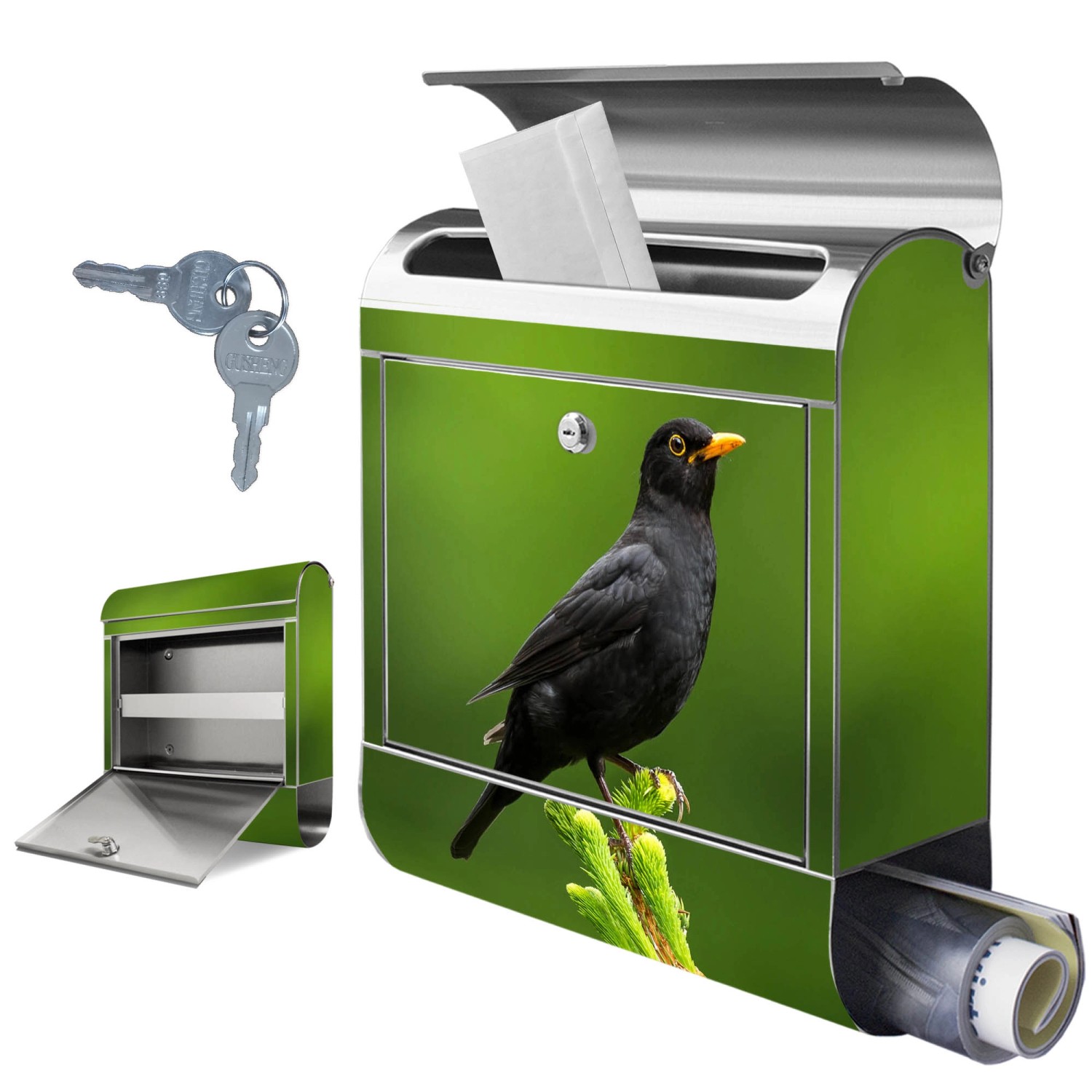 Edelstahl Briefkasten mit Vogel Motiv und Zeitungsfach. Rostfreier Wandbriefkasten mit Schlüssel.