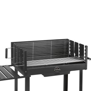 Schwarzer Jamestown Holzkohle-Grillwagen Ben mit Grillrosten und Ablagefläche.