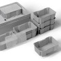 Graue Eurobox-System Einsatzkästen 1/4 mit Drehstapelfunktion zur Unterteilung von Aufbewahrungsboxen.