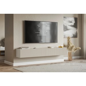 Modernes Selsey TV-Hängeboard Veldio in Greige mit geriffelter Lamellenfront, 200 cm breit, schwebend im Wohnzimmer.