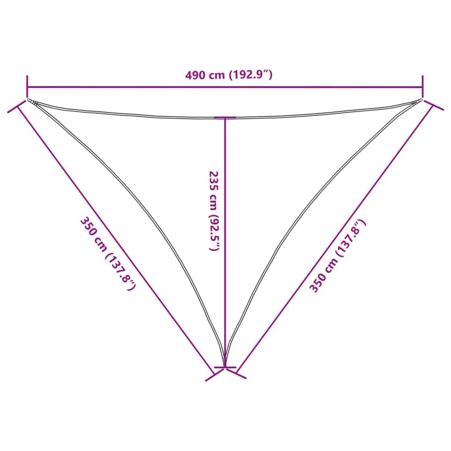 Dreieckiges Sonnensegel 3,5x3,5x4,9 m. Skizze mit Seitenlängen 350 cm, 490 cm und Höhe 235 cm.