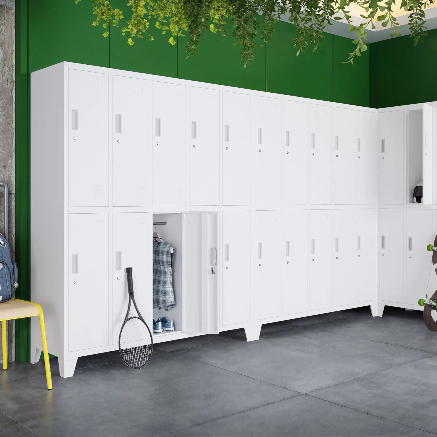 Weißer Jan Nowak Metallspind Umkleideschrank mit 10 Fächern, Zylinderschlössern und Belüftung.