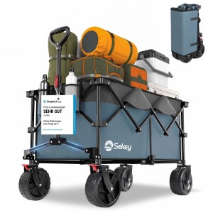 Sekey XXL Bollerwagen, faltbar, blau, mit Bremsen und breiten Rädern, beladen mit Campingausrüstung.