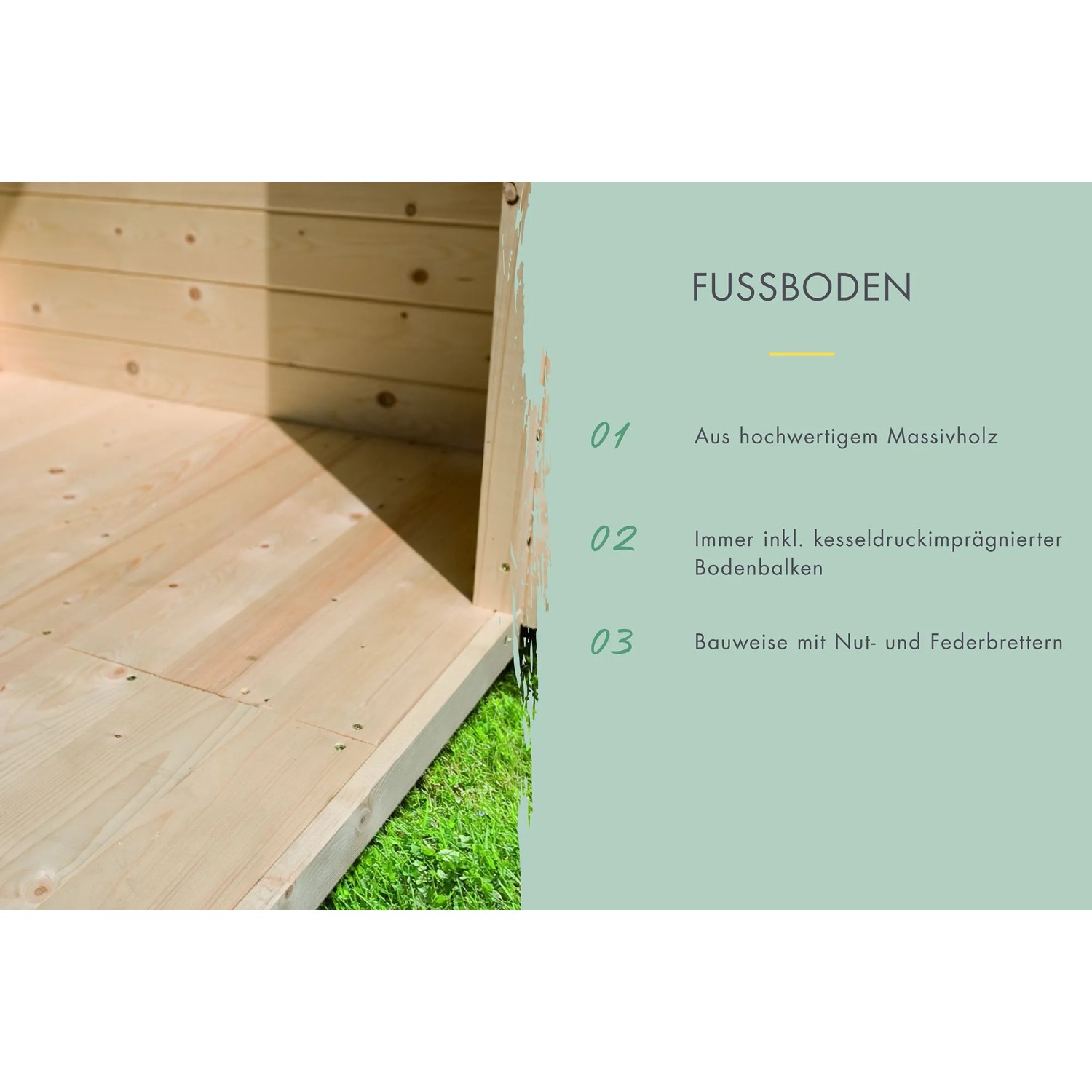 Detailaufnahme Karibu Gartenhaus Skanderborg: Boden aus Massivholz mit Nut- und Federbrettern.