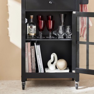 Schwarzer SoBuy Küchenwagen FKW98-SCH mit Tür, Schublade und Rollen. Servierwagen mit Gläsern und Deko.