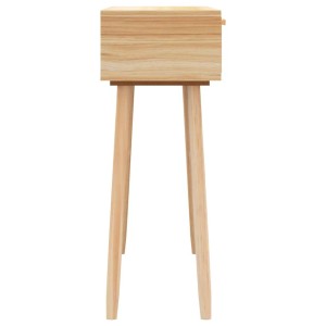 Brauner Konsolentisch aus Kiefernholz mit Schubladen und Natur-Rattan Details.
