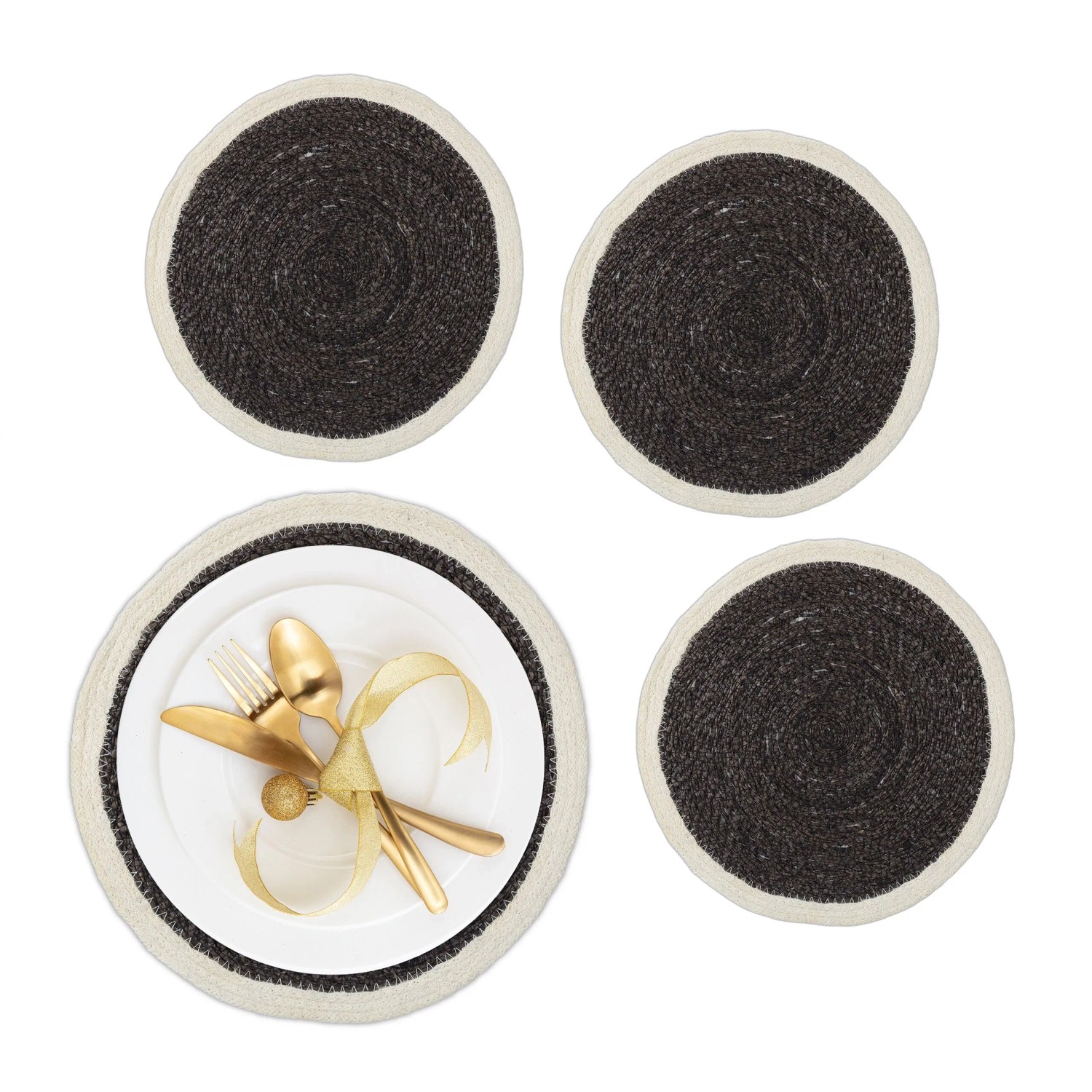 Relaxdays Tischsets 4er Set Seegras Schwarz Creme Geflochten Hitzebeständig 0,5 cm x ø 37 cm je 0,13 kg