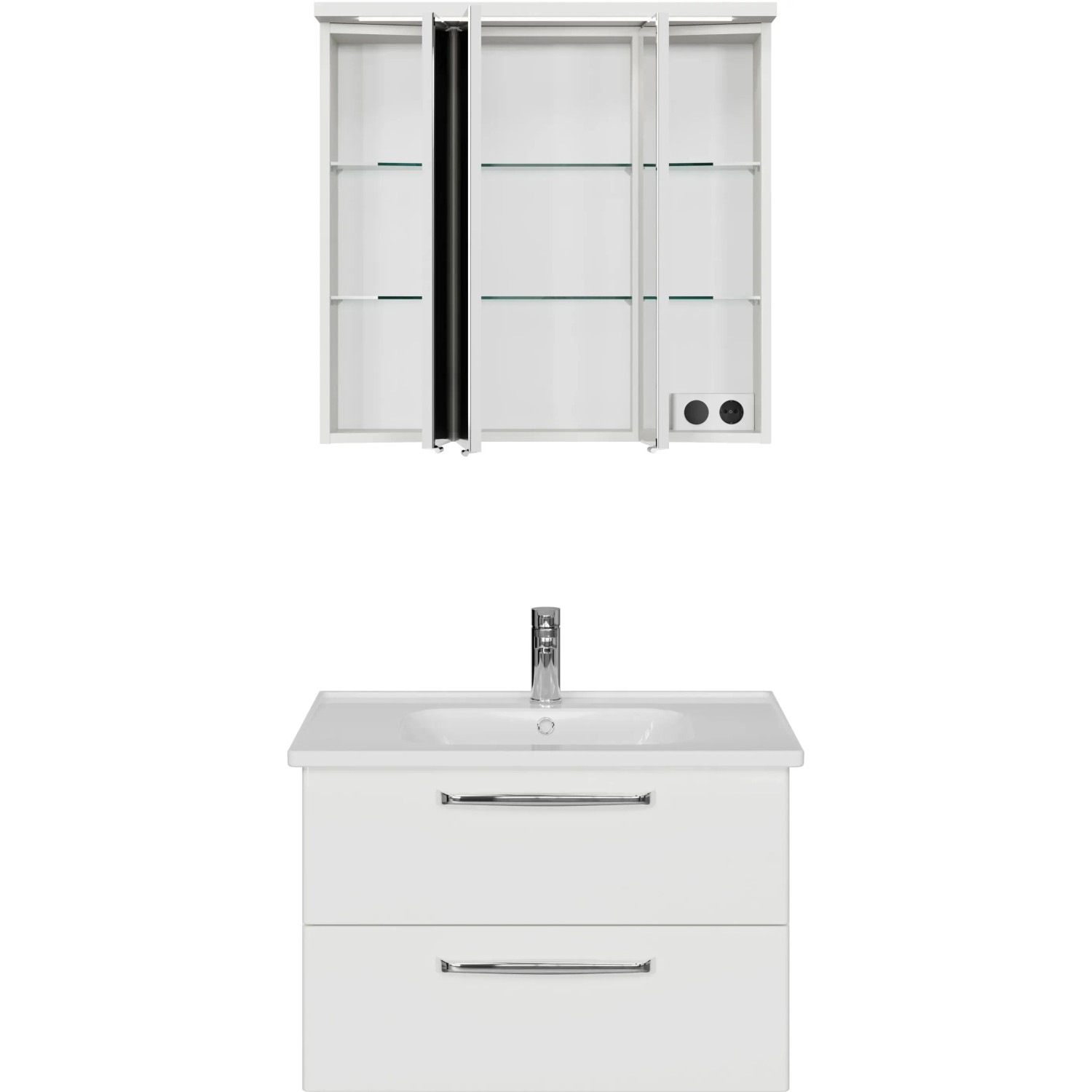 Pelipal Badmöbel-Set Trentino, 77 cm, Weiß: Waschtisch mit Unterschrank und Spiegelschrank mit LED-Beleuchtung.