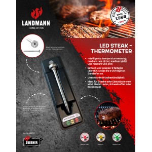 Landmann LED Grillthermometer aus Edelstahl, zeigt Garstufen farblich an. Grillzubehör.