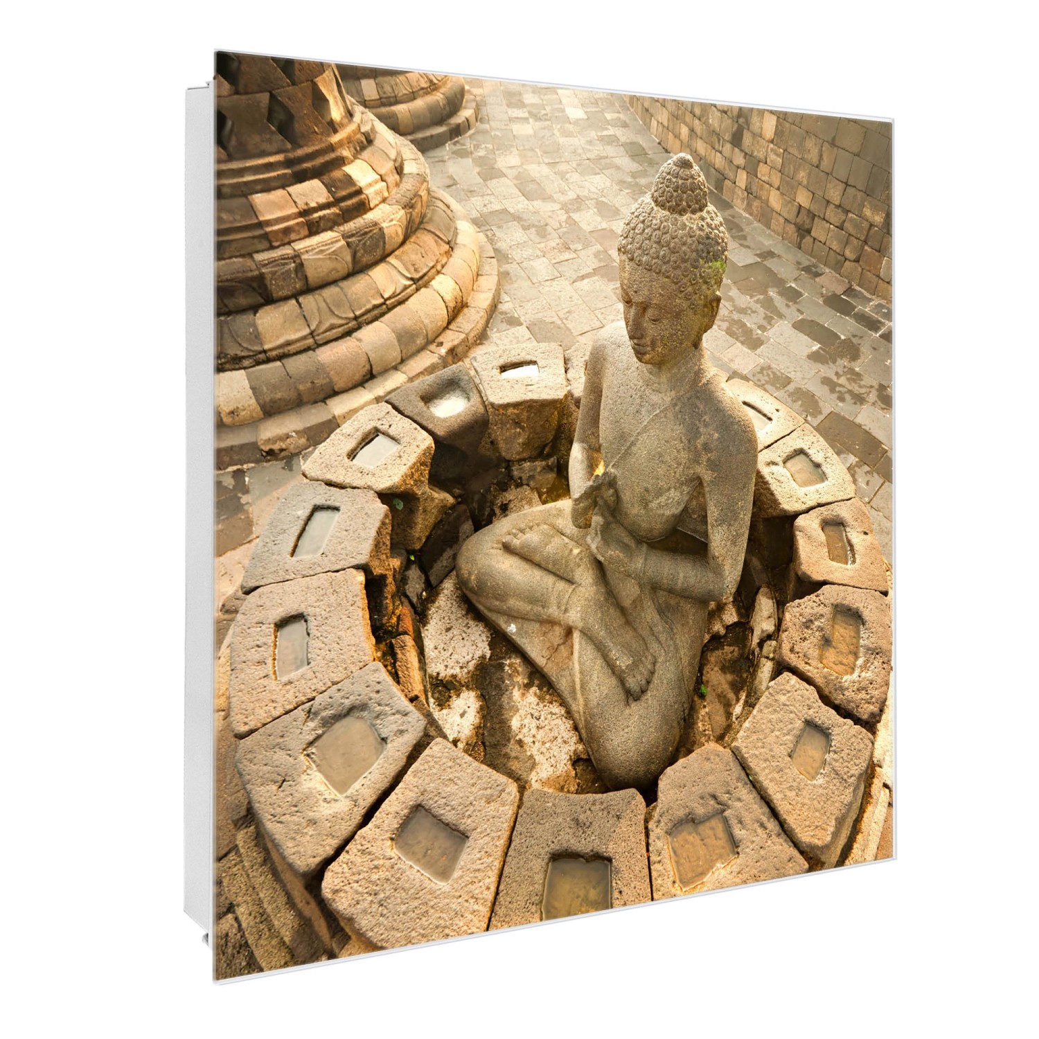 Banjado Großer Schlüsselkasten Glas 30x30cm Weiß Scharnier Links 50 Haken Beschreibbar Magnetisch Motiv Sitzender Buddha