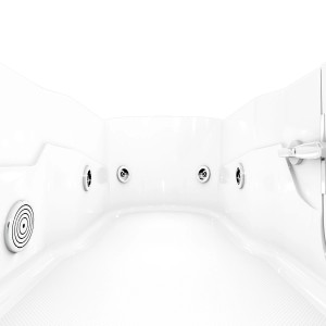 Innenansicht der weißen AquaVapore Senioren-Whirlpoolwanne mit Tür und Massagedüsen.
