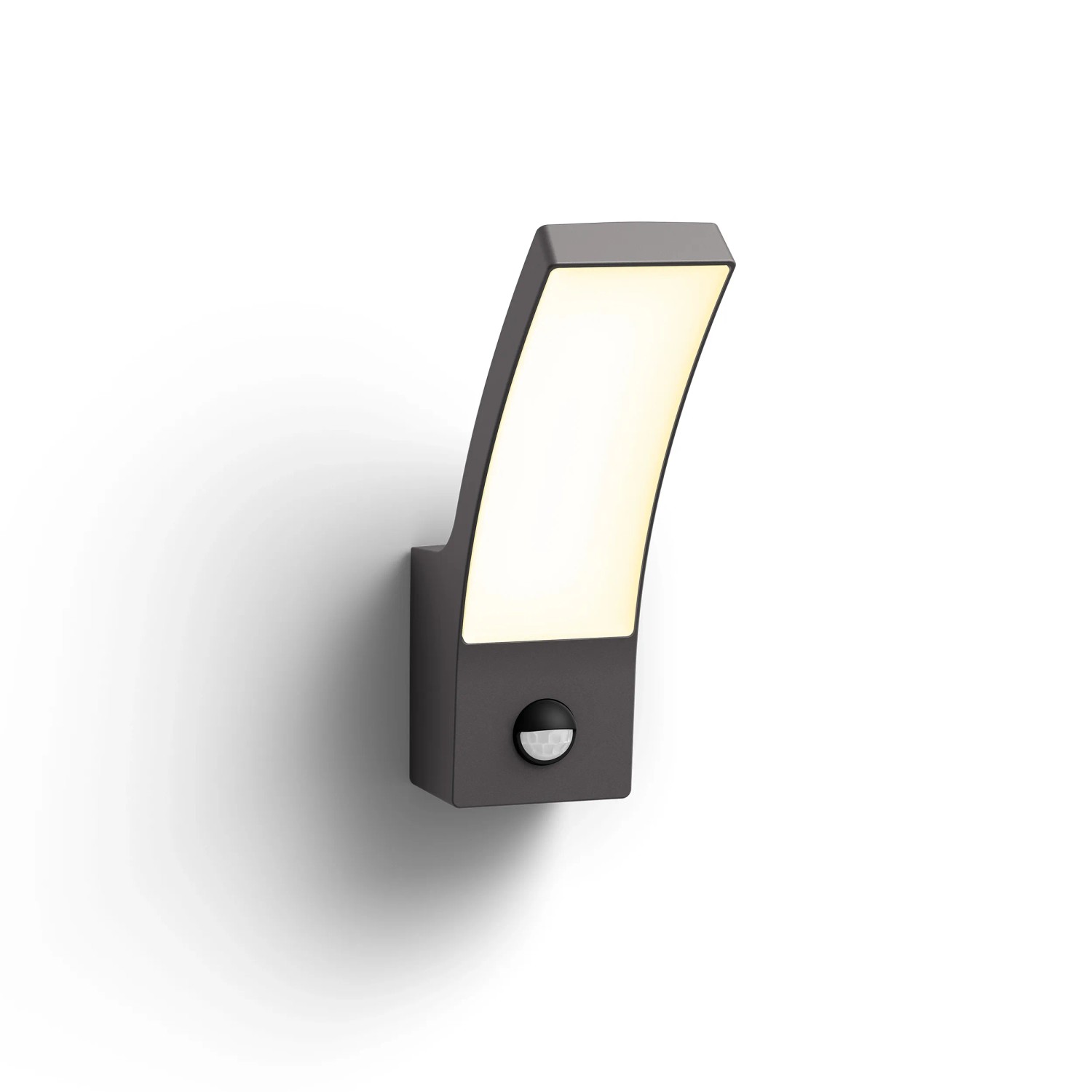 Anthrazitfarbene Philips LED Aussenwandleuchte Splay mit Bewegungsmelder.