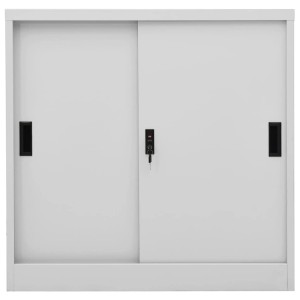 Hellgrauer Büroschrank mit Schiebetüren, abschließbar, aus Stahl, 90x40x90 cm.
