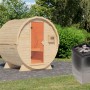Naturbelassene Karibu Fass-Sauna mit Ofen (9 kW) im Garten. Premium-Sauna für entspannte Wellness-Momente.