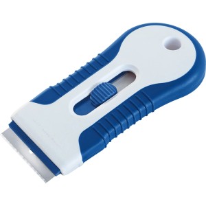 Mini-Schaber in Blau-Weiß mit Metallklinge zum Entfernen von Farbresten.