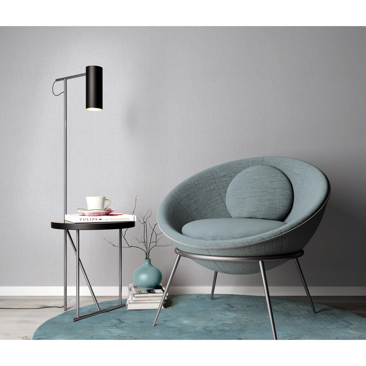 Graue Erismann Vliestapete Melissa Elin (FSC®) an Wand hinter Sessel und Lampe.