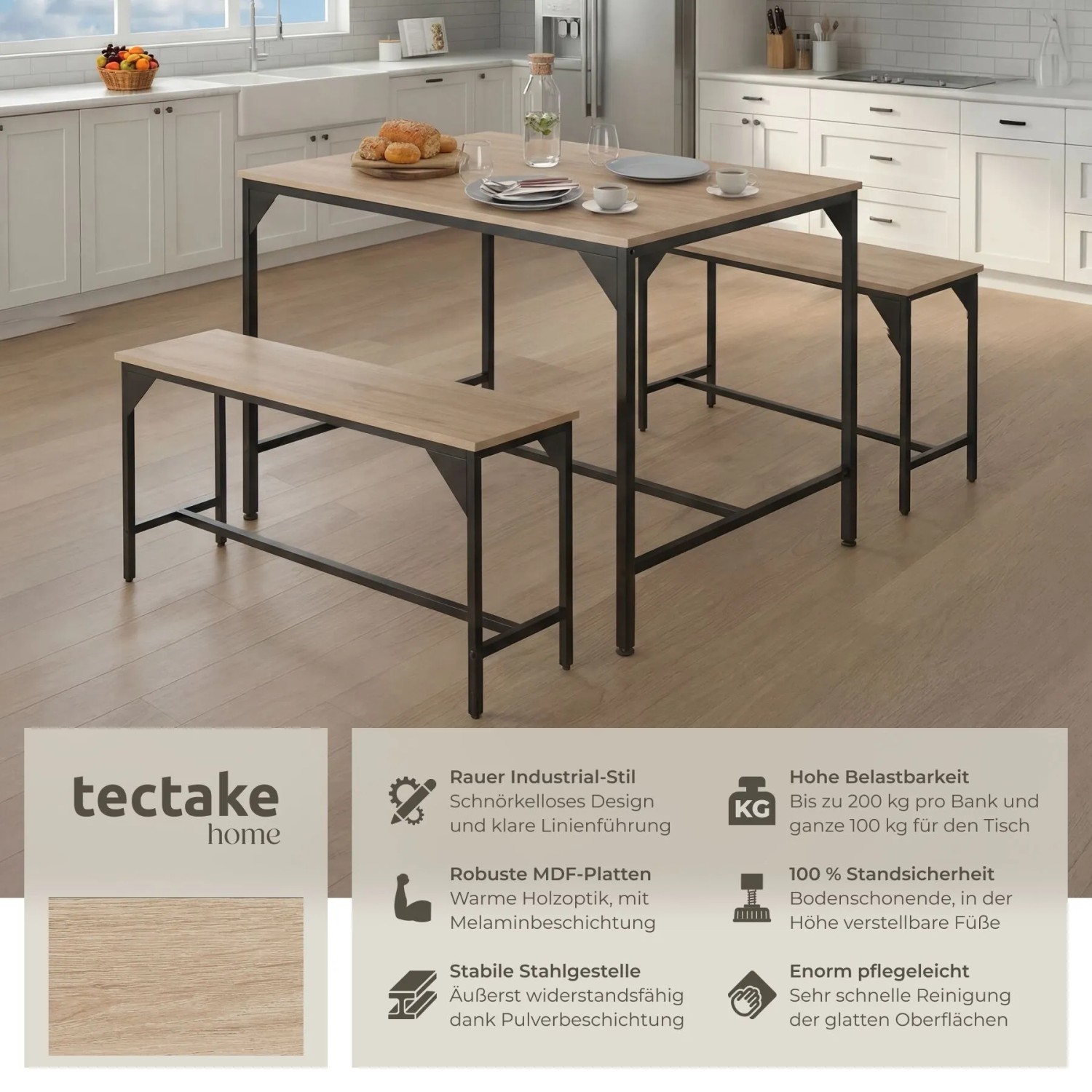 Tectake Sitzgruppe Bolton 3 Teilig Esstisch Mit 2 Sitzbänken 100 x 130 x 75 cm Industrial Holz Hell Eiche Sonoma_2