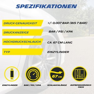 Details zur Michelin Fussluftpumpe Digital: Druckgenauigkeit, Anzeige, Schlauchlänge, Zylinder-Typ.