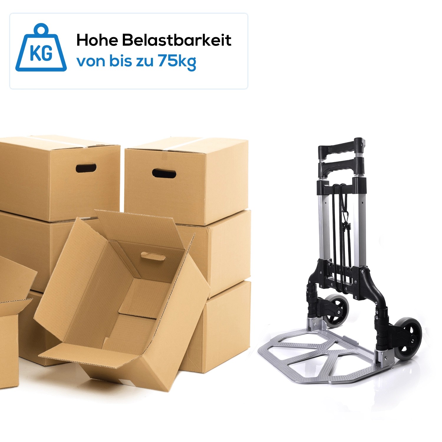 Zusammengeklappte Tronitechnik Sackkarre mit Kartons, höhenverstellbar bis 80kg.