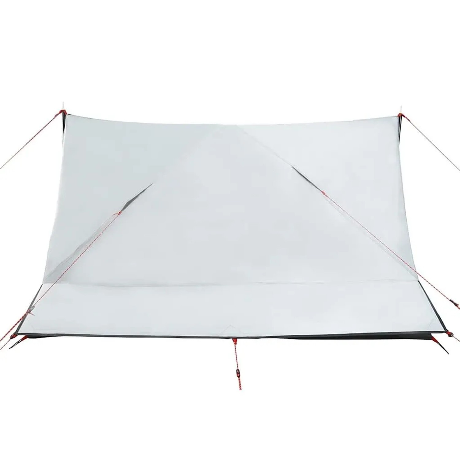 Weißes Furnicato Campingzelt mit verdunkelnder Zeltplane und roten Abspannleinen. Ideal für Wanderungen & Camping.