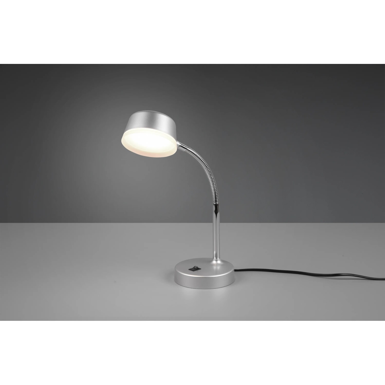 Titanfarbene LED-Tischlampe Kiko mit flexiblem Hals und Schalter am Fuß.