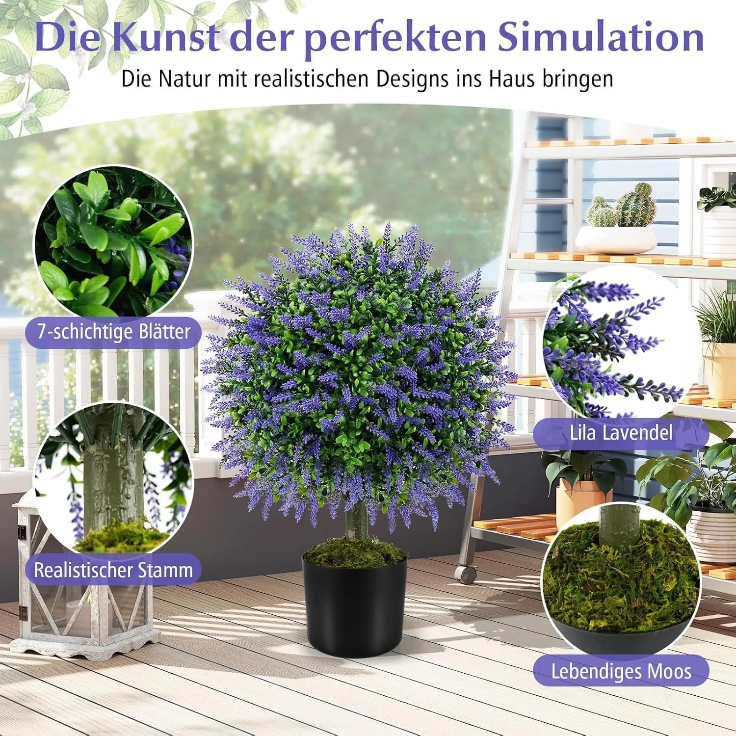 Künstlicher Lavendelbaum 58cm mit lila Blüten, grünen Blättern, realistischem Stamm im schwarzen Topf.
