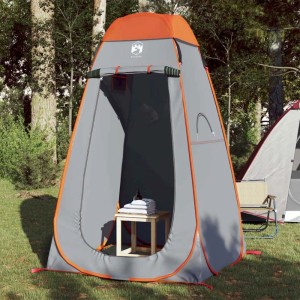 Grau-oranges Pop-Up Sichtschutzzelt im Freien. Ideal als Umkleidezelt oder Duschzelt beim Camping. Wasserdicht.
