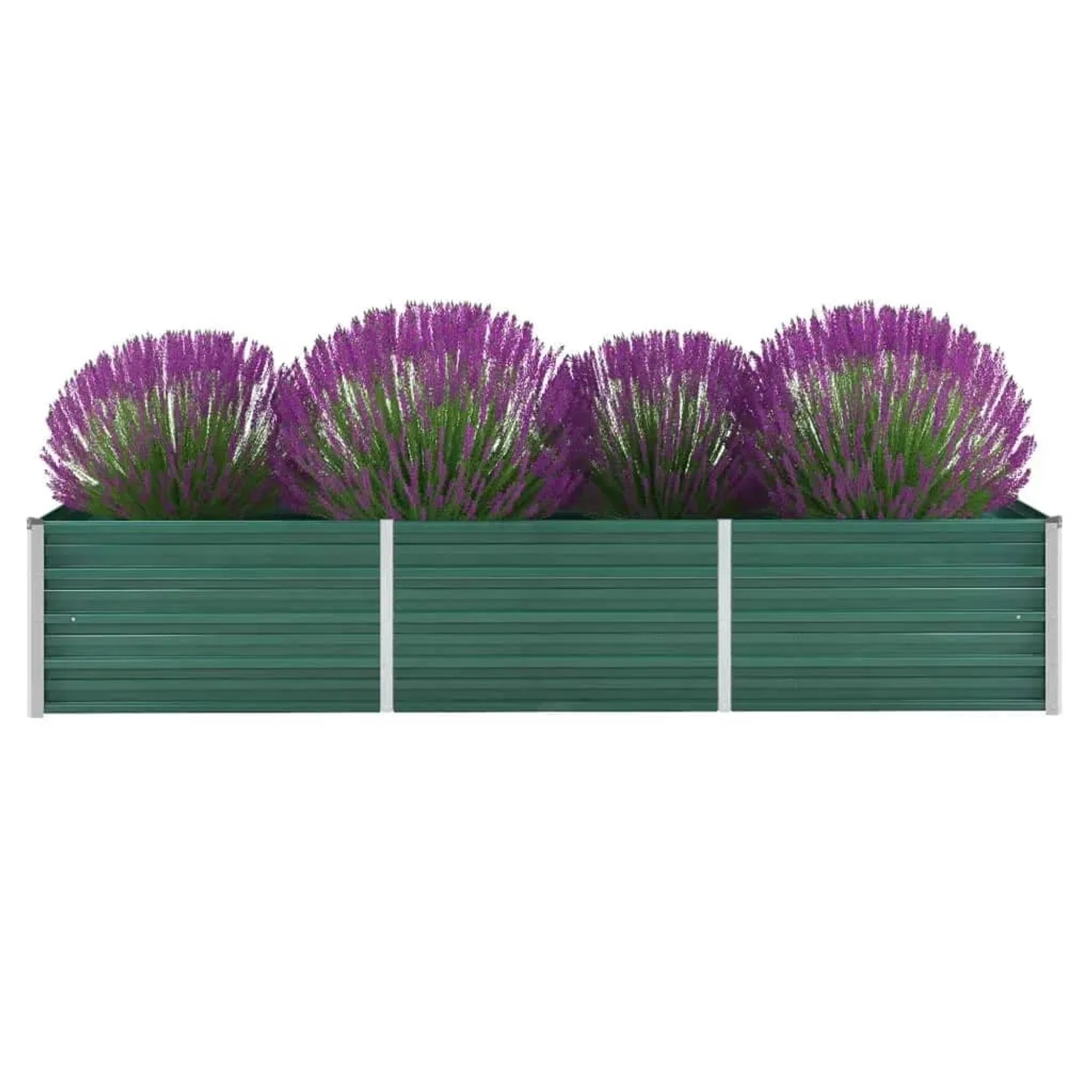 Grünes vidaXL Garten-Hochbeet aus Stahl, bepflanzt mit lila Blumen.