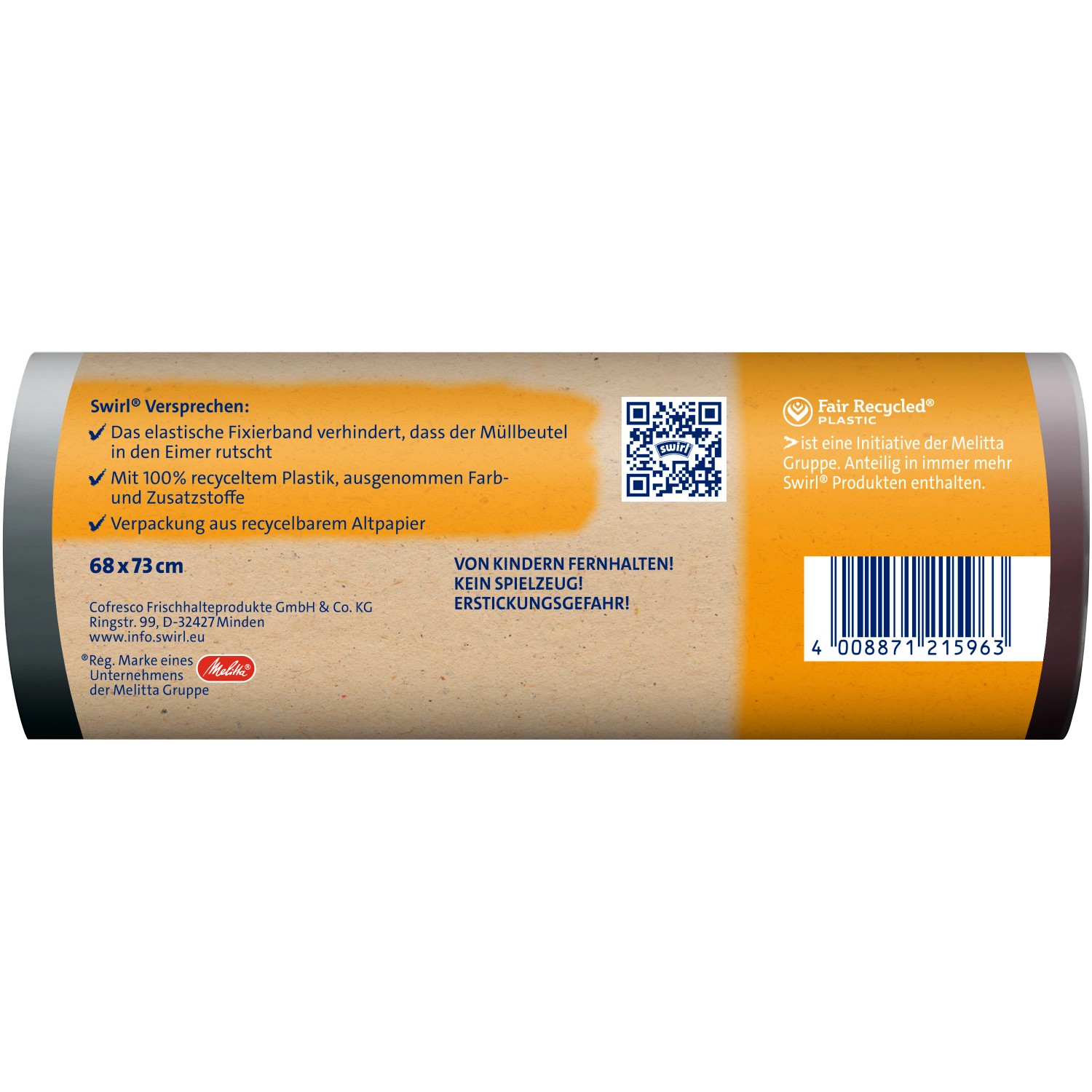 Verpackung Swirl Fixierband-Müllbeutel, 60 l, 10 Stück. Müllbeutel mit Fixierband aus recyceltem Material.