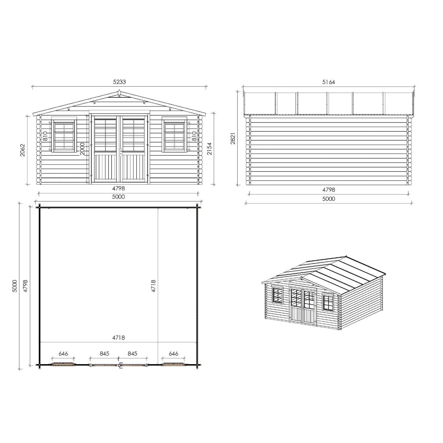 Technische Zeichnung Gartenhaus Altanka DOM612, 5x5 m, mit Maßangaben.