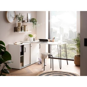 Wandregal Zebra mit Akustikpaneel in Eiche & Weiß, Teil einer Büroeinrichtung.