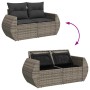 Graue 6-tlg. Garten-Sofagarnitur aus Rattan mit Kissen, mit Stauraum unter den Sitzen.