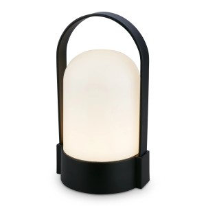 Schwarze Brilo Akku-LED-Tischleuchte mit Tragegriff, warmweißes Licht für den Außenbereich.