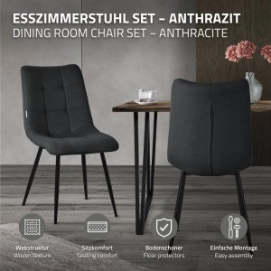 Modernes ML-Design Esszimmerstuhl Set, 2 anthrazitfarbene Stühle mit Stoffbezug, Rückenlehne und schwarzen Stahlbeinen am Tisch.