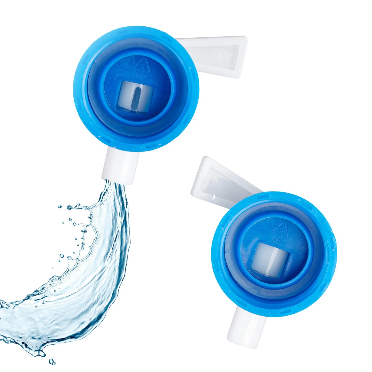 Zwei blaue Zapfhähne für Faltkanister, einer gießt Wasser aus. Ideal für Camping & Outdoor Wasserbehälter.