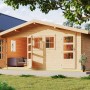 Karibu Holz-Gartenhaus Normes, unbehandelt, mit Satteldach im Garten.