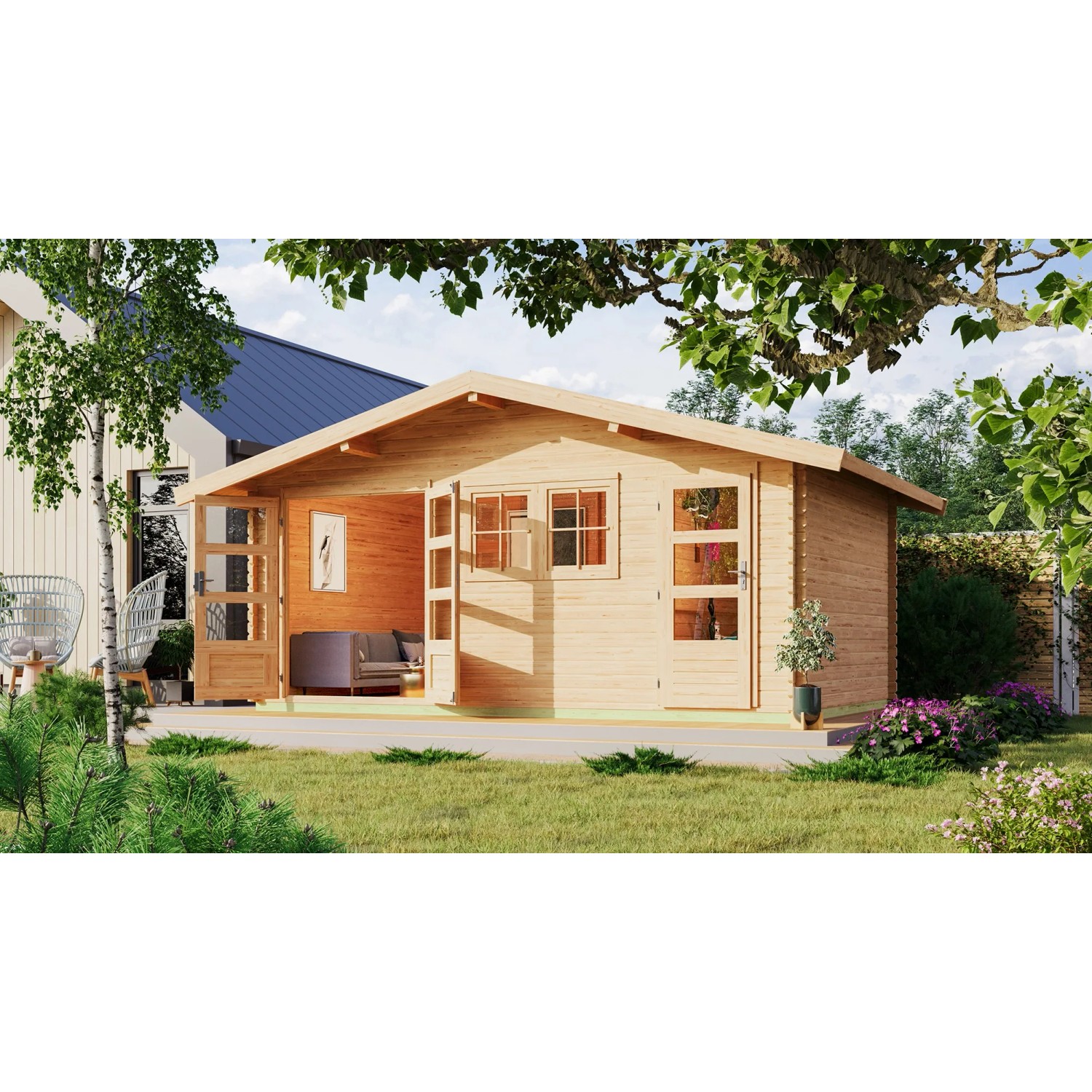 Karibu Holz-Gartenhaus Normes, unbehandelt, mit Satteldach im Garten.