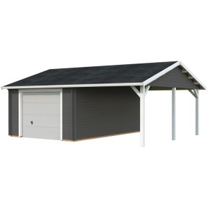 Palmako Garage Roger mit Sektionaltor, dunkelgrau-weiß lackiert, mit Carport.