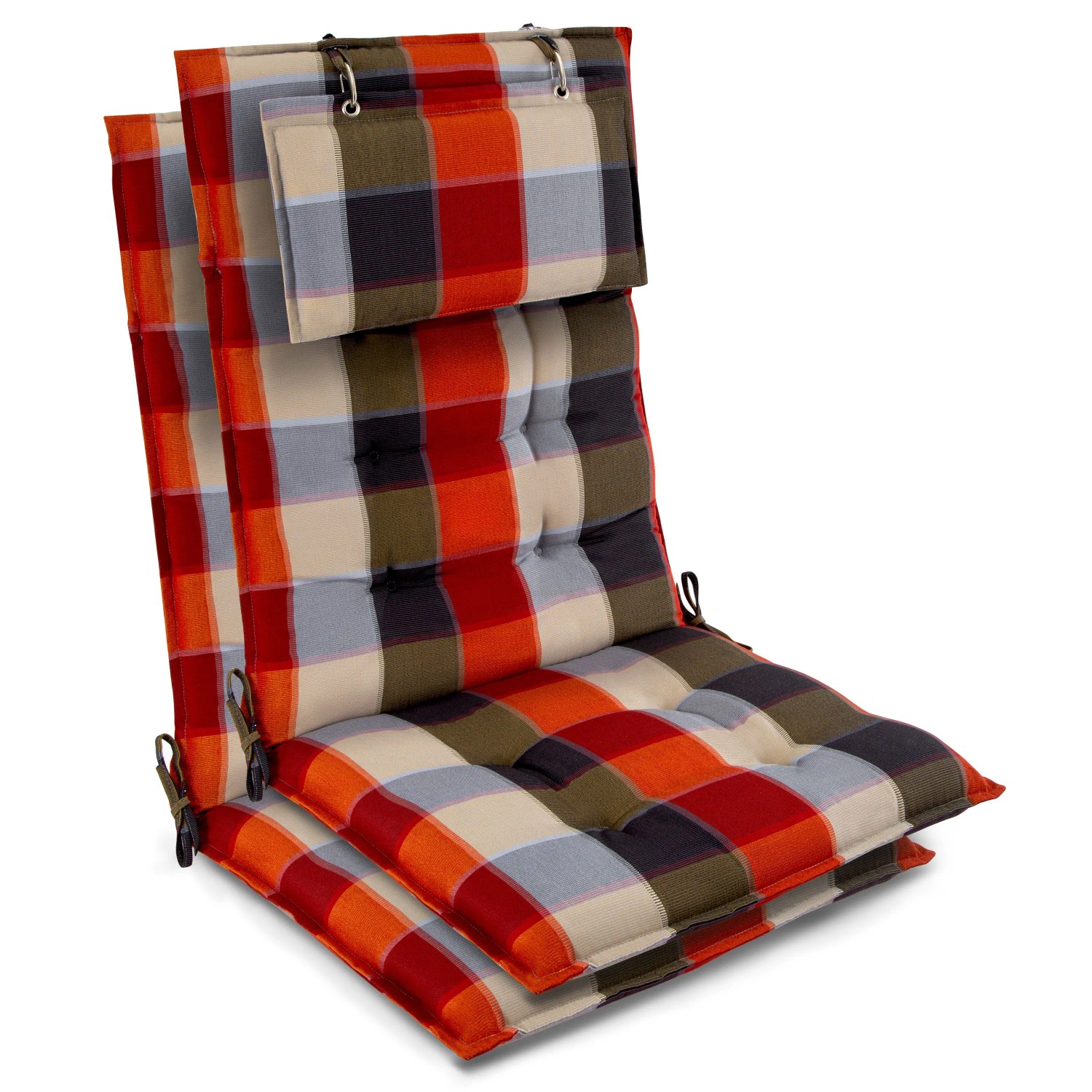 Beautissu 2er Set Sun-HL Hochlehner Auflage 120x50x8cm Orange-Beige-Kariert