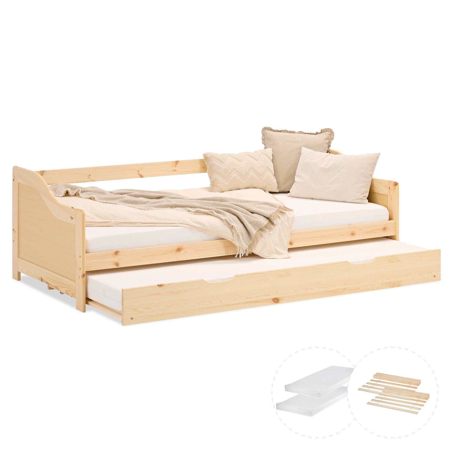 Homestyle4u Tagesbett Ausziehbett 90x200 cm Natur Holzbett mit Matratzen 31 günstig online kaufen